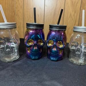 Glass Set of 4 skull jars with straws NEW